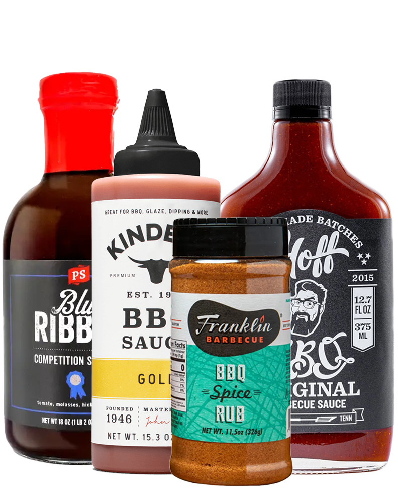 Bottles from PS Seasoning, Kinder's, Hoff & Pepper, and Franklin Barbecue