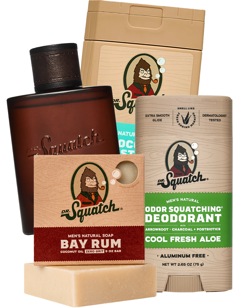 Sampling of Dr Squatch Products. Soap, Deodorant, Cologne, and body wash.